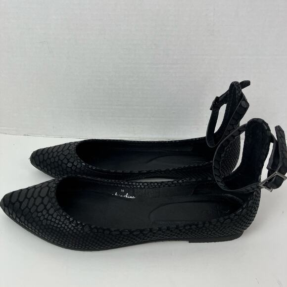 Joie Sz 9 Temple Black Embossed Leather Ankle Wrap Ballet Flats Pointed Toe - Picture 1 of 16
